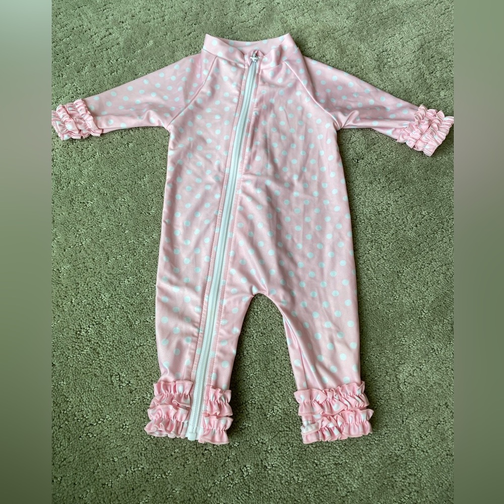 Baby girl swimsuit pink ruffle polka dot 0-6 months